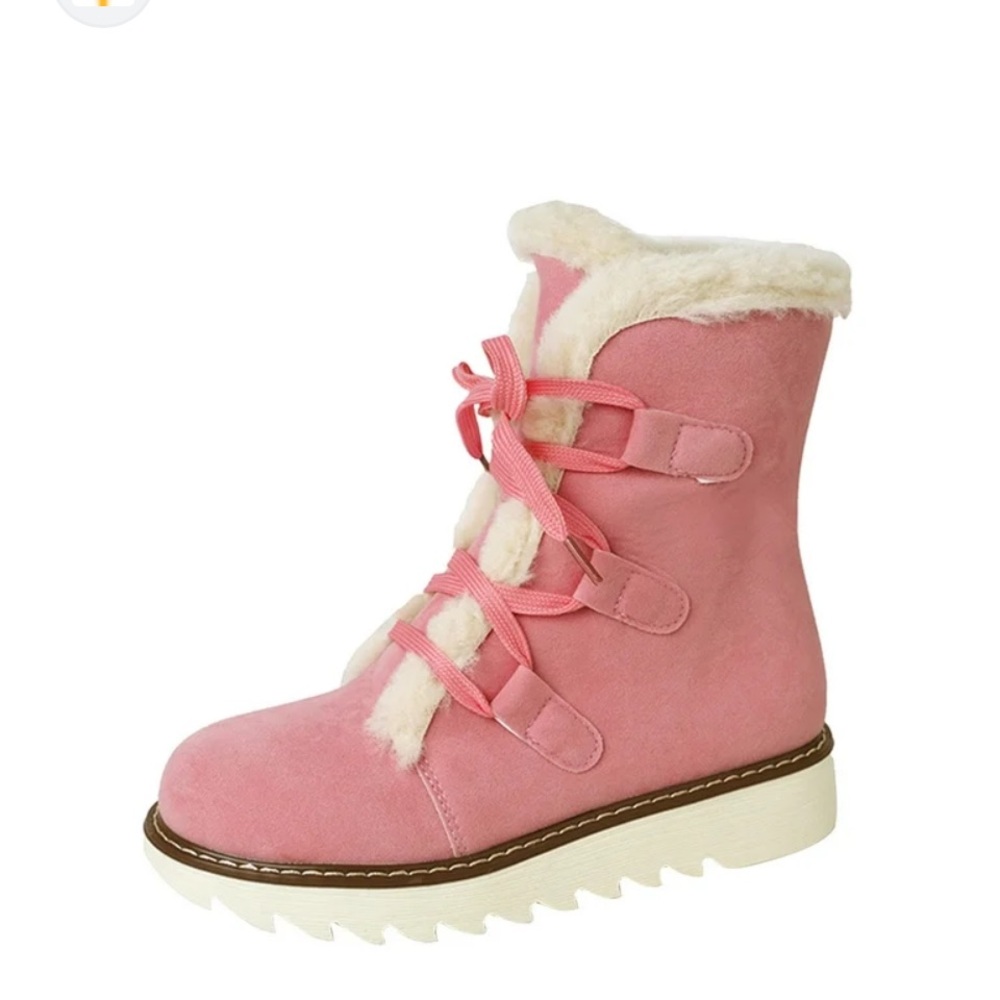SHEIN Pink Faux Suede Lace Up Sherpa Fur Platform Moto Boots 8W NWOT